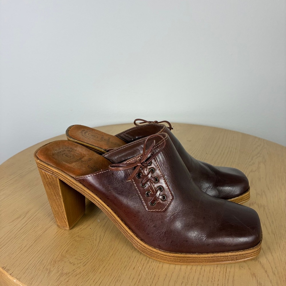 No Boundaries Vintage Leather Square Toe  Block Heel Mules Women's 8 Y2K 90s